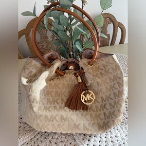 Michael Kors Cream and Brown Logo Shoulder Bag
